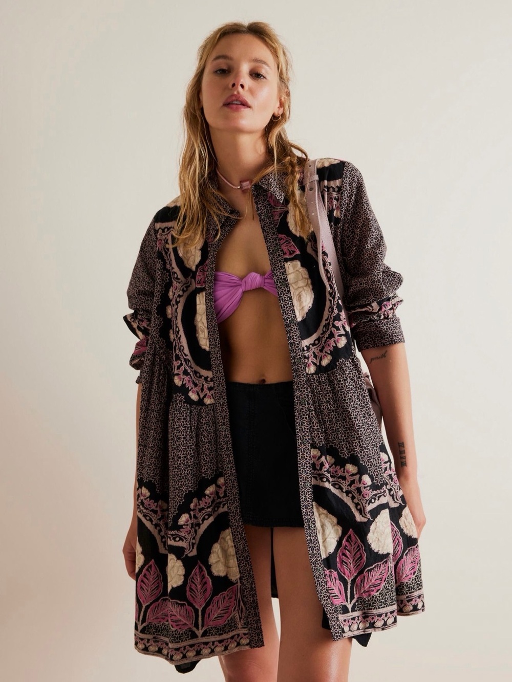 Free People Black and Pink Floral Long-Sleeve Dress
